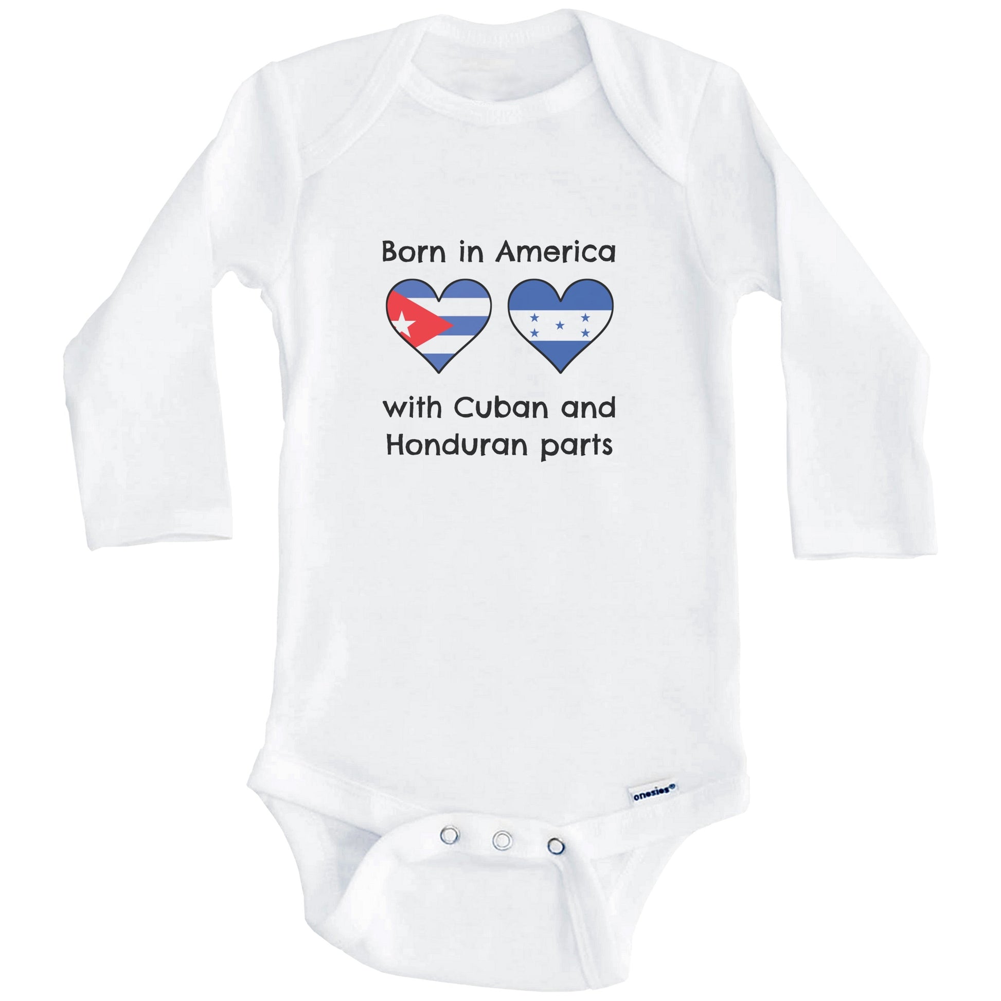 Born In America With Cuban and Honduran Parts Funny Cuba Honduras Flags One Piece Baby Bodysuit (Long Sleeves)
