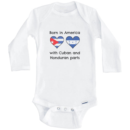 Born In America With Cuban and Honduran Parts Funny Cuba Honduras Flags One Piece Baby Bodysuit (Long Sleeves)