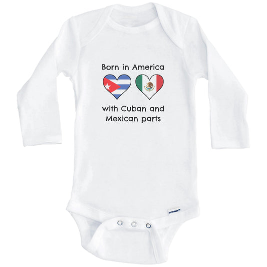 Born In America With Cuban and Mexican Parts Funny Cuba Mexico Flags One Piece Baby Bodysuit (Long Sleeves)