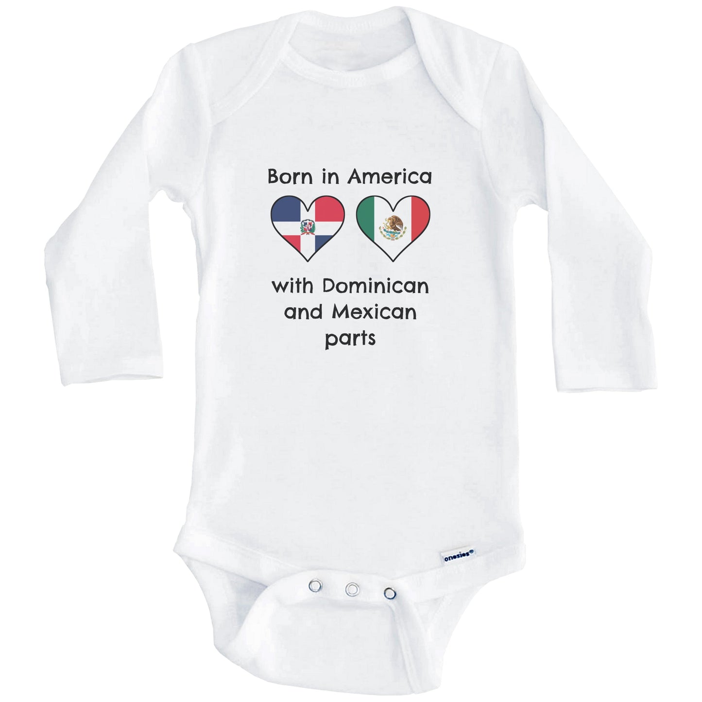 Born In America With Dominican and Mexican Parts Funny Dominican Republic Mexico Flags One Piece Baby Bodysuit (Long Sleeves)