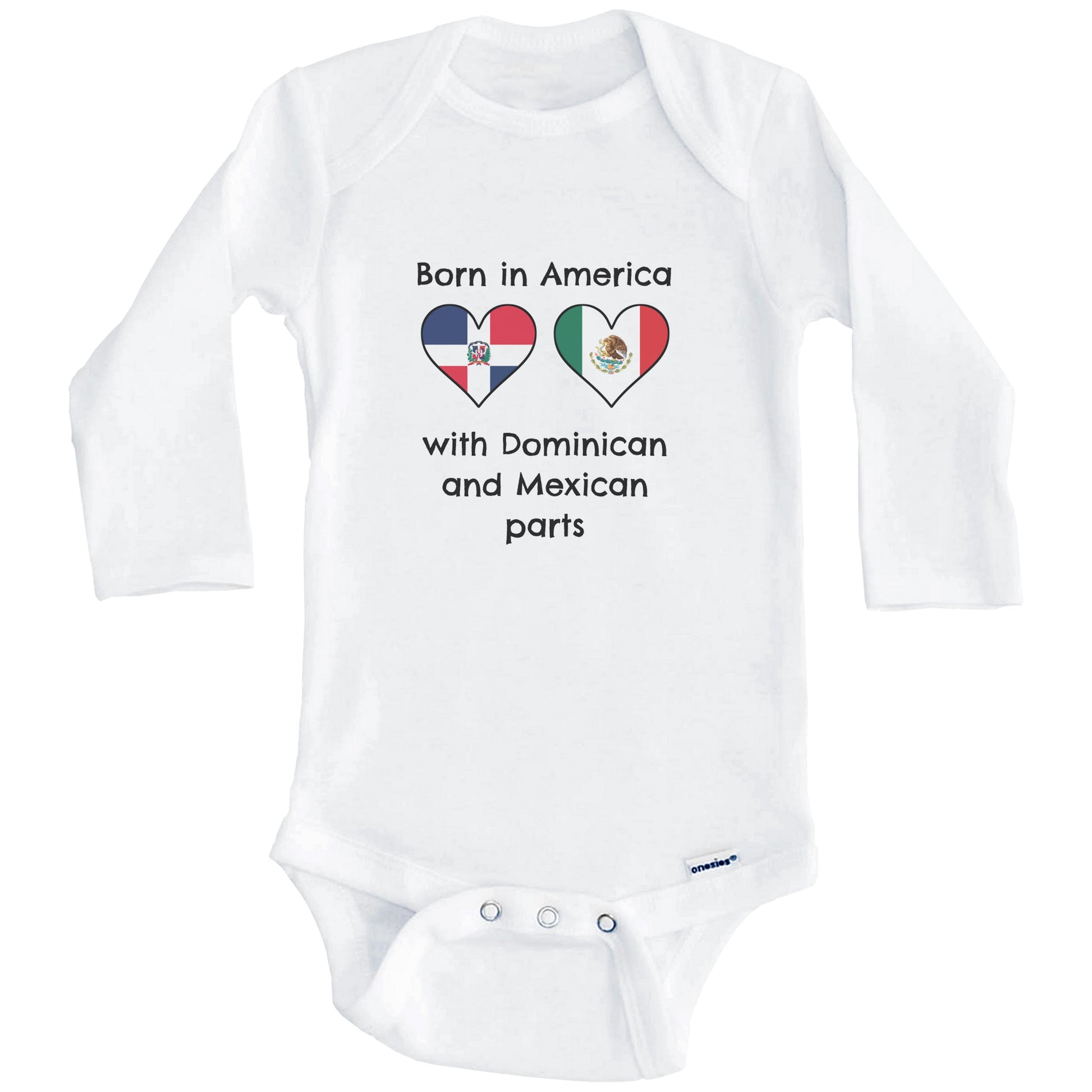 Born In America With Dominican and Mexican Parts Funny Dominican Republic Mexico Flags One Piece Baby Bodysuit (Long Sleeves)