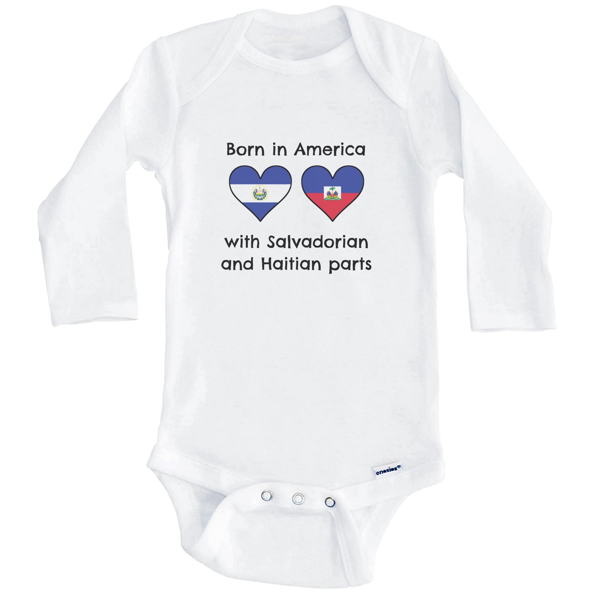 Born In America With Salvadorian and Haitian Parts Funny El Salvador Haiti Flags One Piece Baby Bodysuit (Long Sleeves)