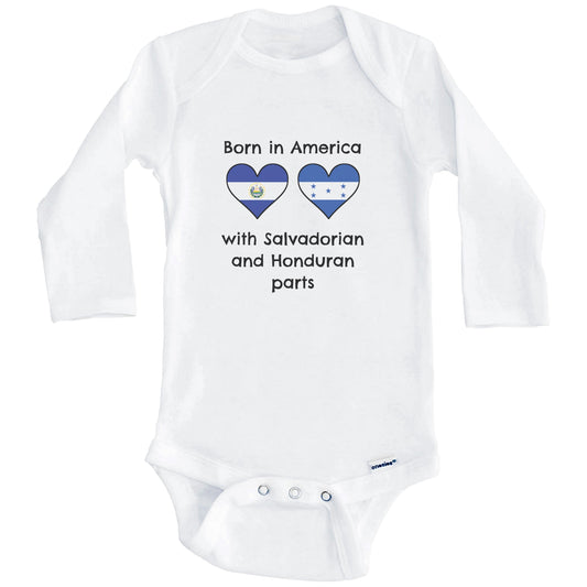 Born In America With Salvadorian and Honduran Parts Funny El Salvador Honduras Flags One Piece Baby Bodysuit (Long Sleeves)