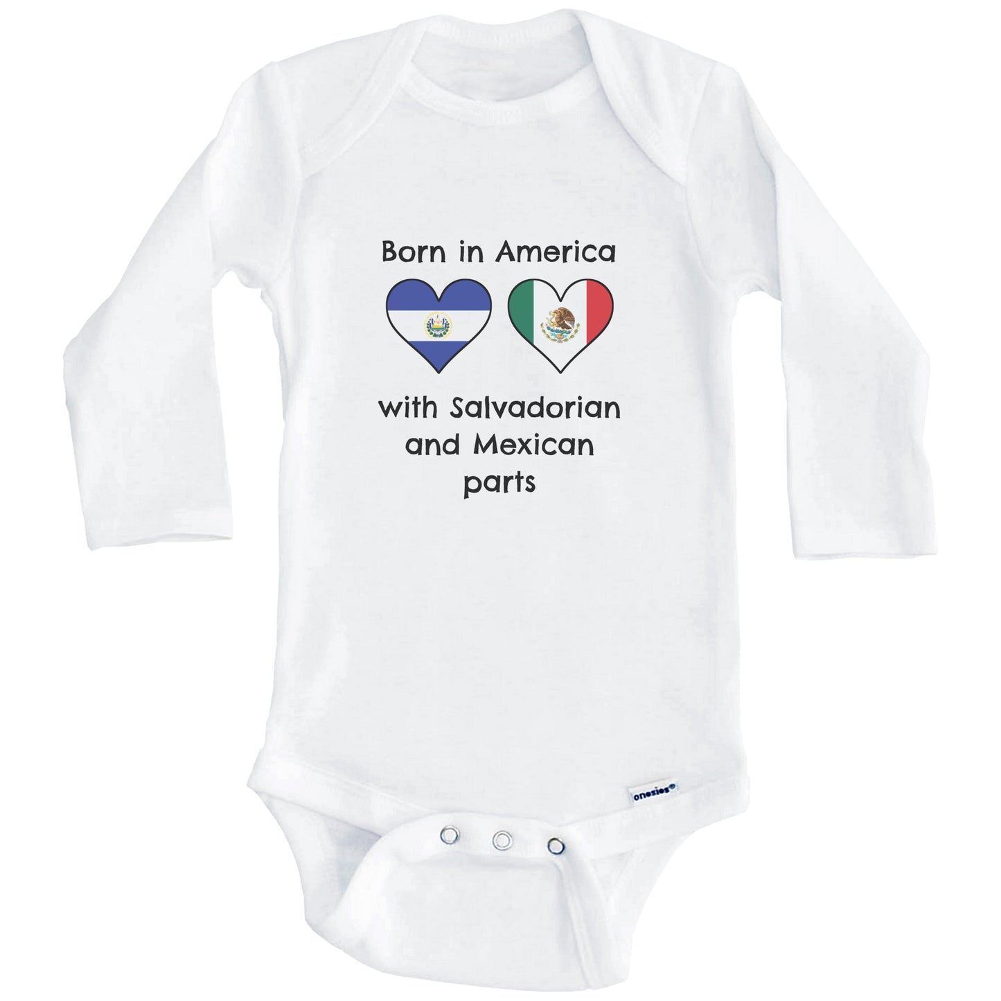 Born In America With Salvadorian and Mexican Parts Funny El Salvador Mexico Flags One Piece Baby Bodysuit (Long Sleeves)