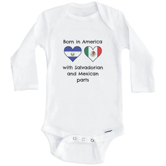 Born In America With Salvadorian and Mexican Parts Funny El Salvador Mexico Flags One Piece Baby Bodysuit (Long Sleeves)