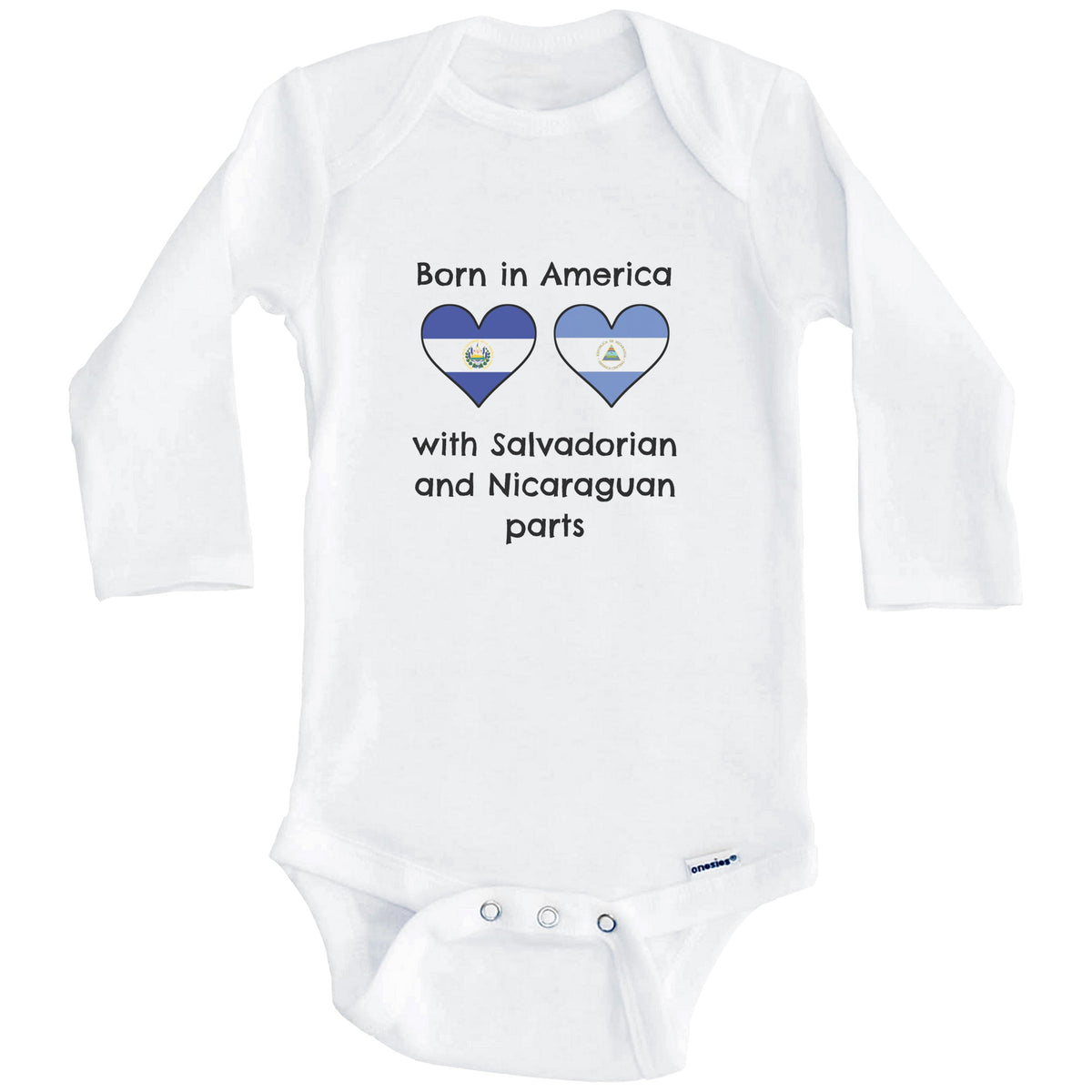 Born In America With Salvadorian and Nicaraguan Parts Funny El Salvador Nicaragua Flags One Piece Baby Bodysuit (Long Sleeves)