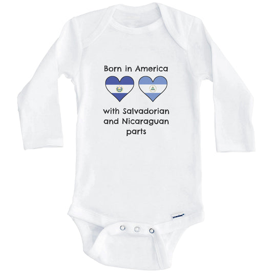 Born In America With Salvadorian and Nicaraguan Parts Funny El Salvador Nicaragua Flags One Piece Baby Bodysuit (Long Sleeves)