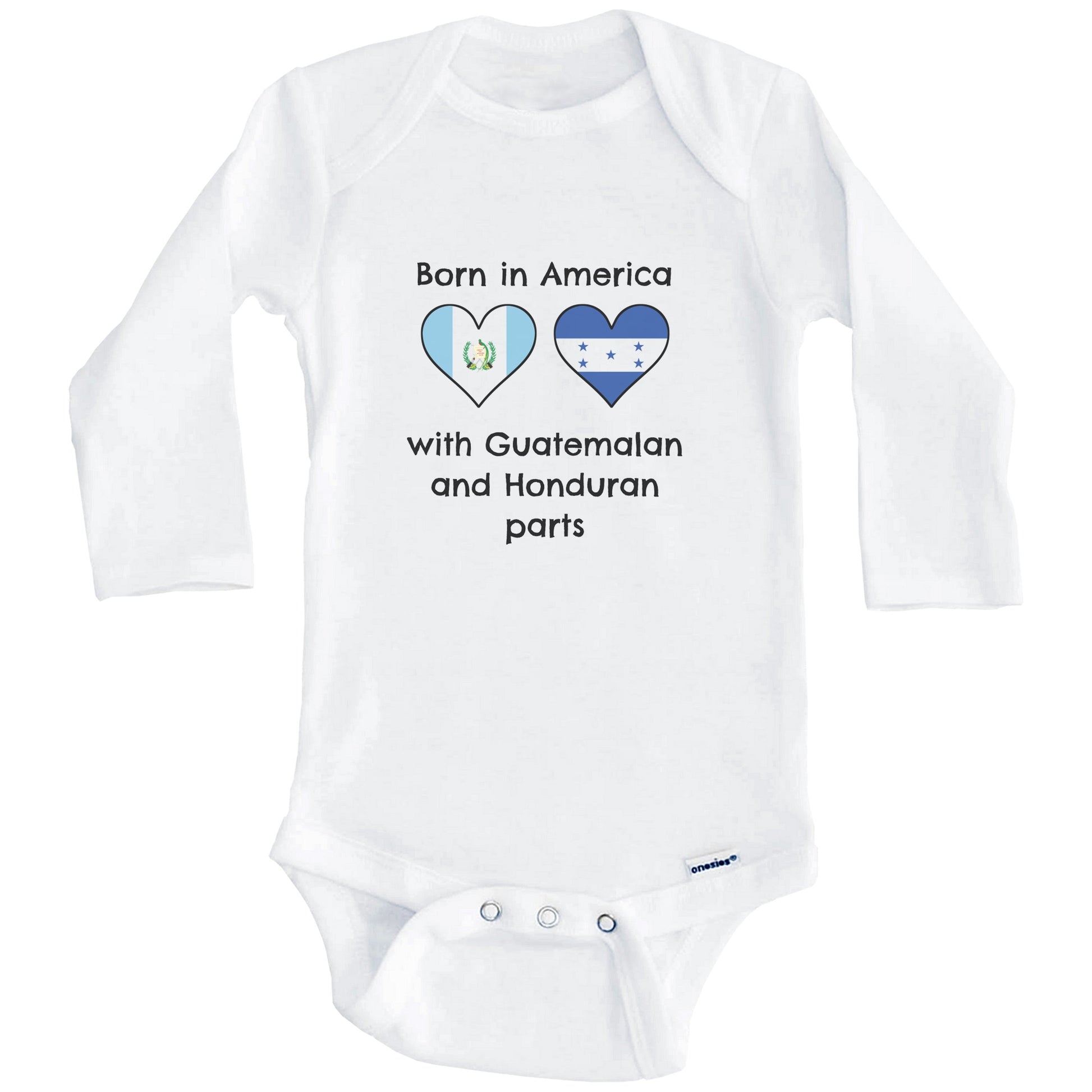 Born In America With Guatemalan and Honduran Parts Funny Guatemala Honduras Flags One Piece Baby Bodysuit (Long Sleeves)