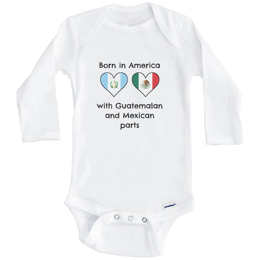 Born In America With Guatemalan and Mexican Parts Funny Guatemala Mexico Flags One Piece Baby Bodysuit (Long Sleeves)