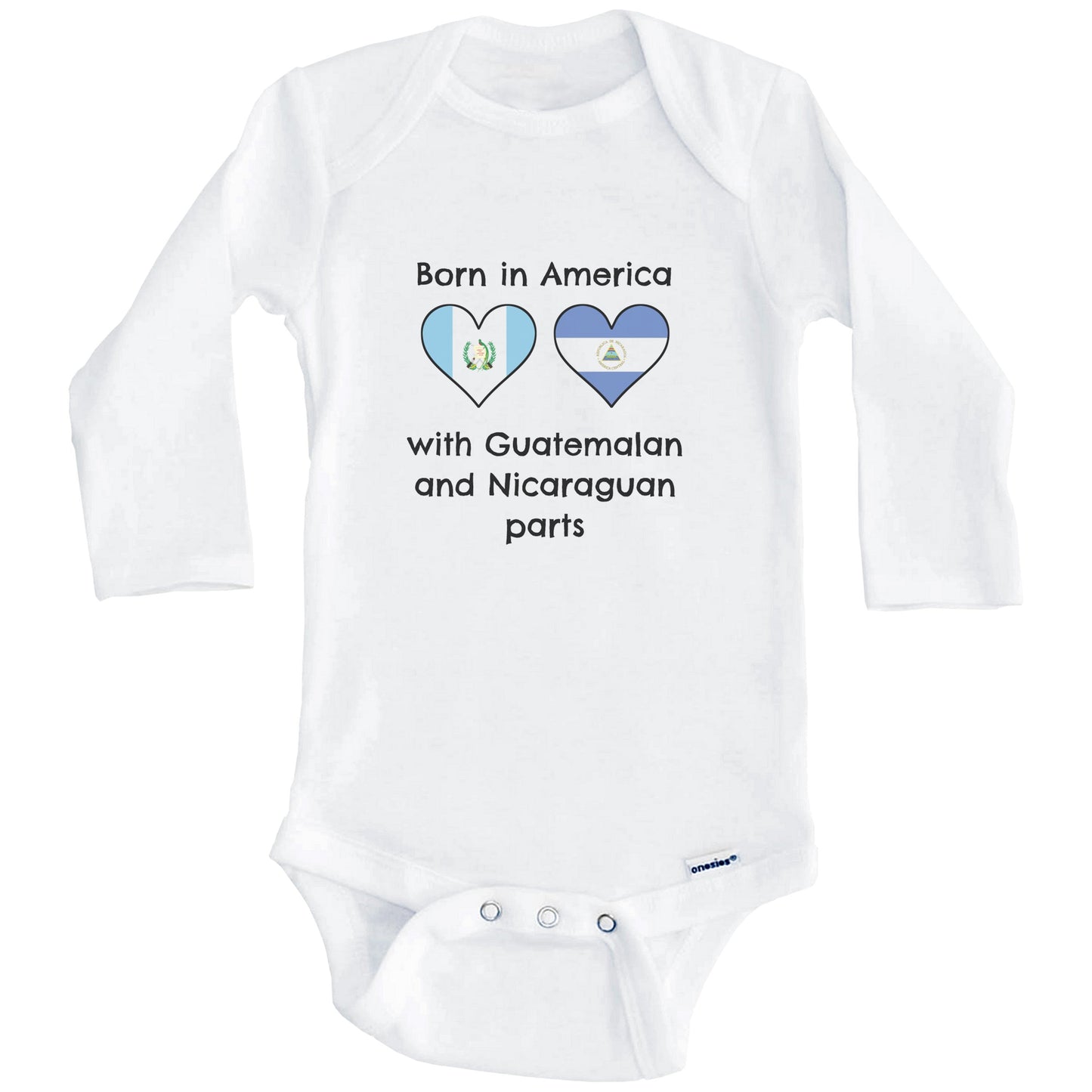 Born In America With Guatemalan and Nicaraguan Parts Funny Guatemala Nicaragua Flags One Piece Baby Bodysuit (Long Sleeves)