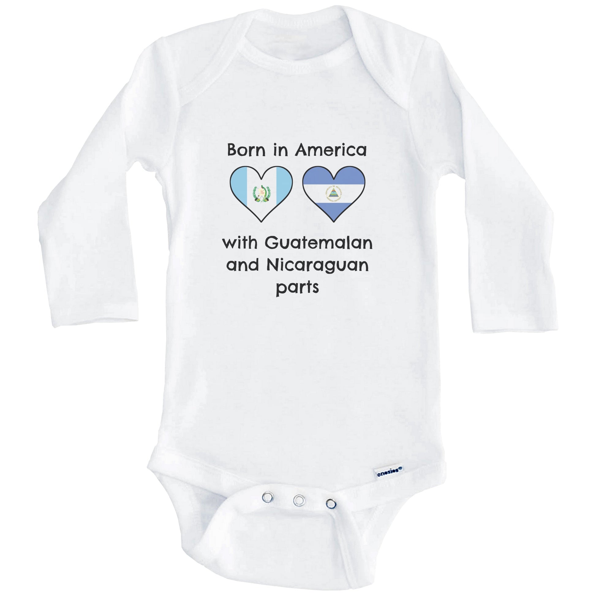 Born In America With Guatemalan and Nicaraguan Parts Funny Guatemala Nicaragua Flags One Piece Baby Bodysuit (Long Sleeves)