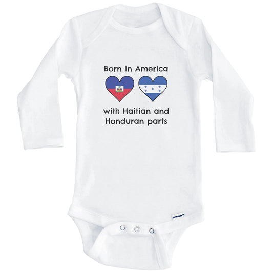Born In America With Haitian and Honduran Parts Funny Haiti Honduras Flags One Piece Baby Bodysuit (Long Sleeves)