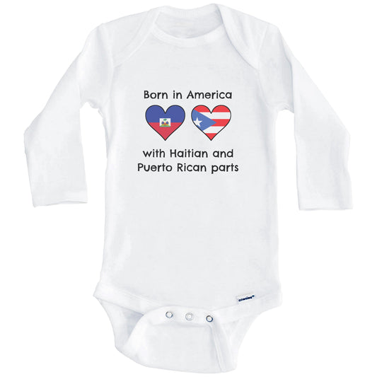 Born In America With Haitian and Puerto Rican Parts Funny Haiti Puerto Rico Flags One Piece Baby Bodysuit (Long Sleeves)