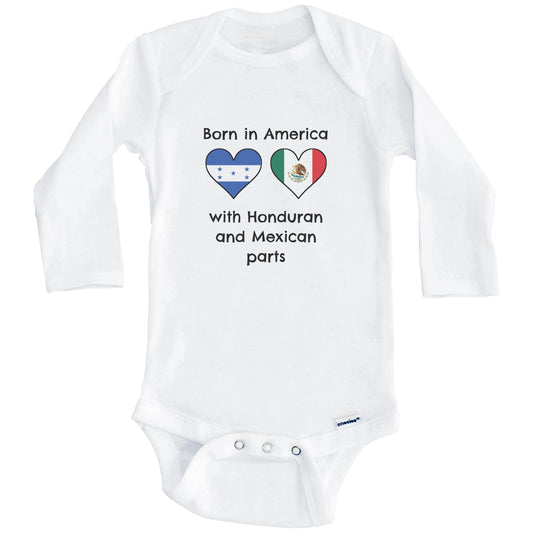 Born In America With Honduran and Mexican Parts Funny Honduras Mexico Flags One Piece Baby Bodysuit (Long Sleeves)