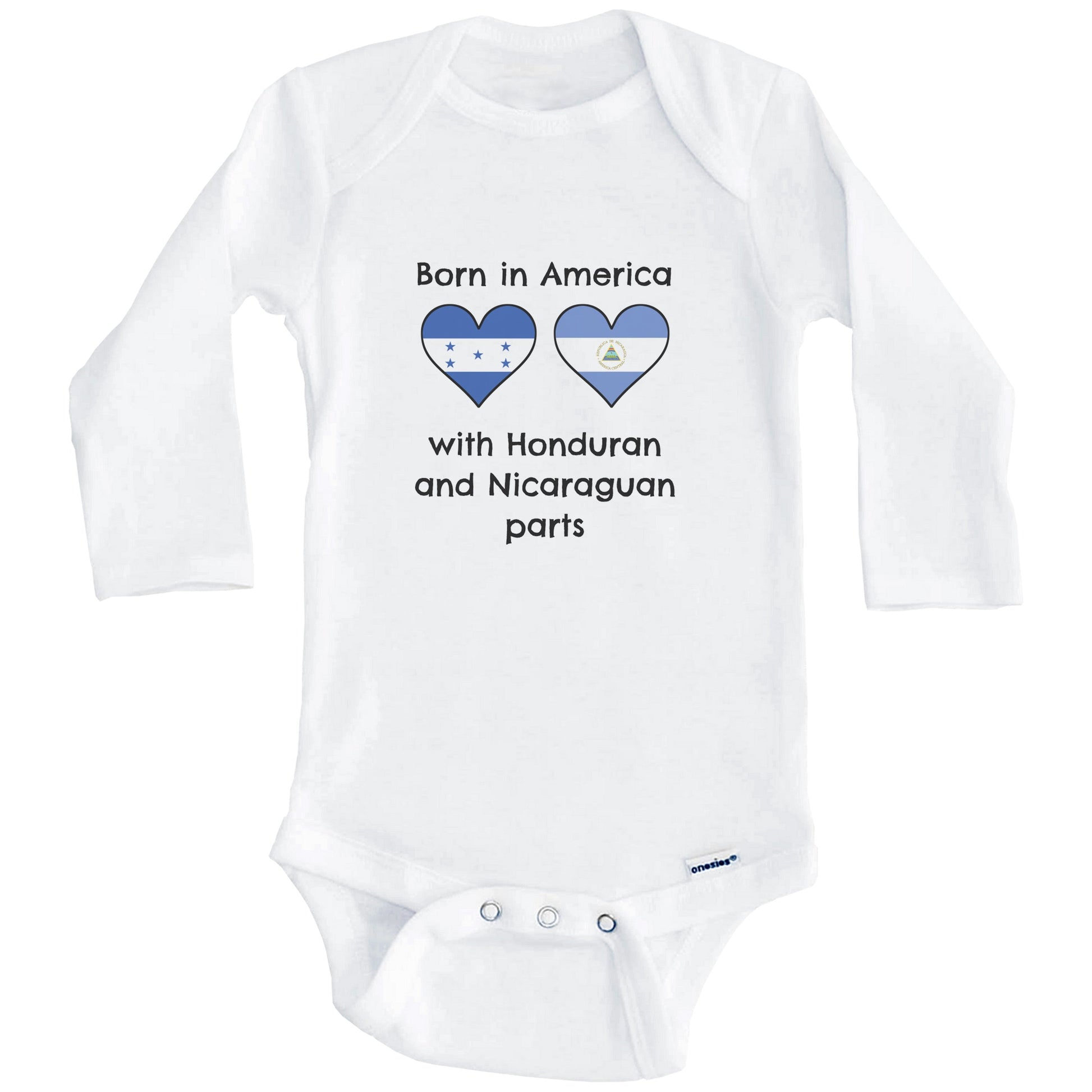 Born In America With Honduran and Nicaraguan Parts Funny Honduras Nicaragua Flags One Piece Baby Bodysuit (Long Sleeves)