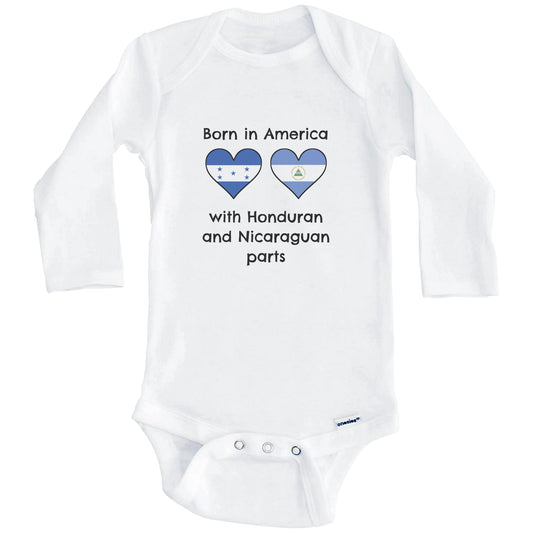 Born In America With Honduran and Nicaraguan Parts Funny Honduras Nicaragua Flags One Piece Baby Bodysuit (Long Sleeves)