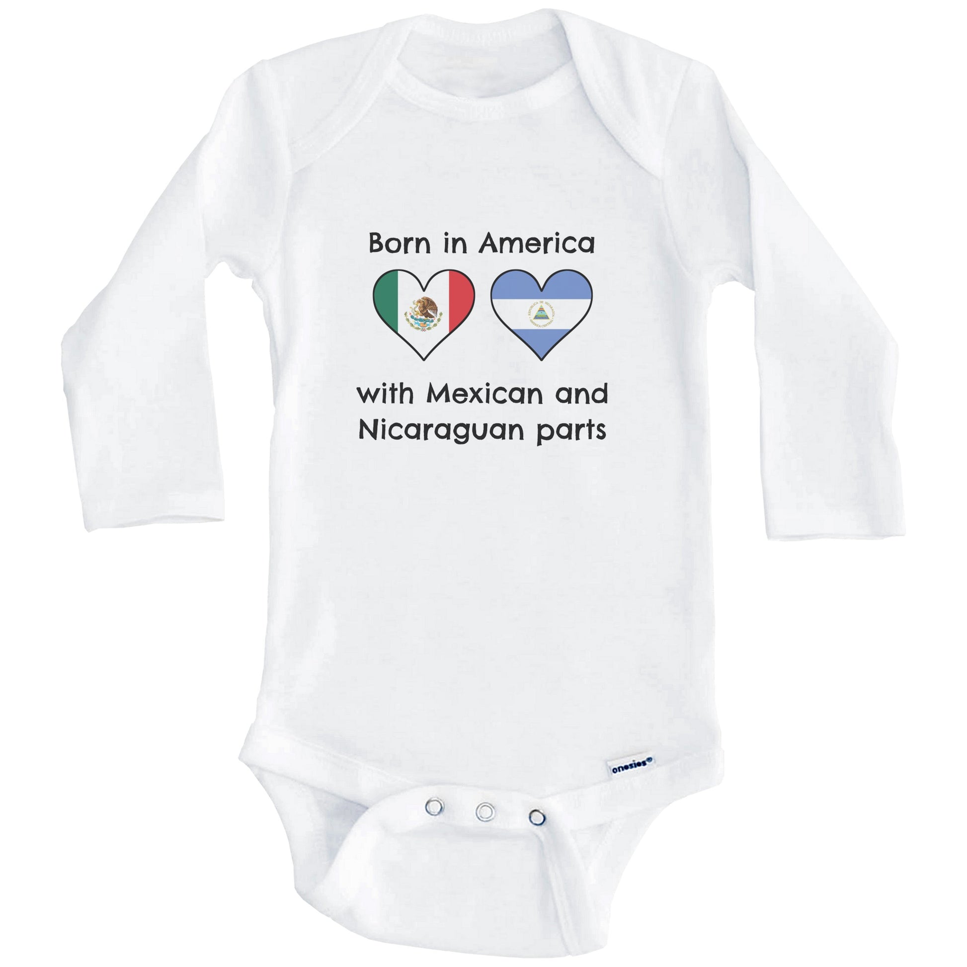 Born In America With Mexican and Nicaraguan Parts Funny Mexico Nicaragua Flags One Piece Baby Bodysuit (Long Sleeves)