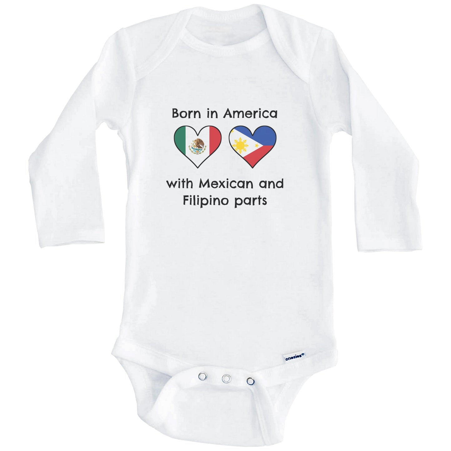 Born In America With Mexican and Filipino Parts Funny Mexico Philippines Flags One Piece Baby Bodysuit (Long Sleeves)