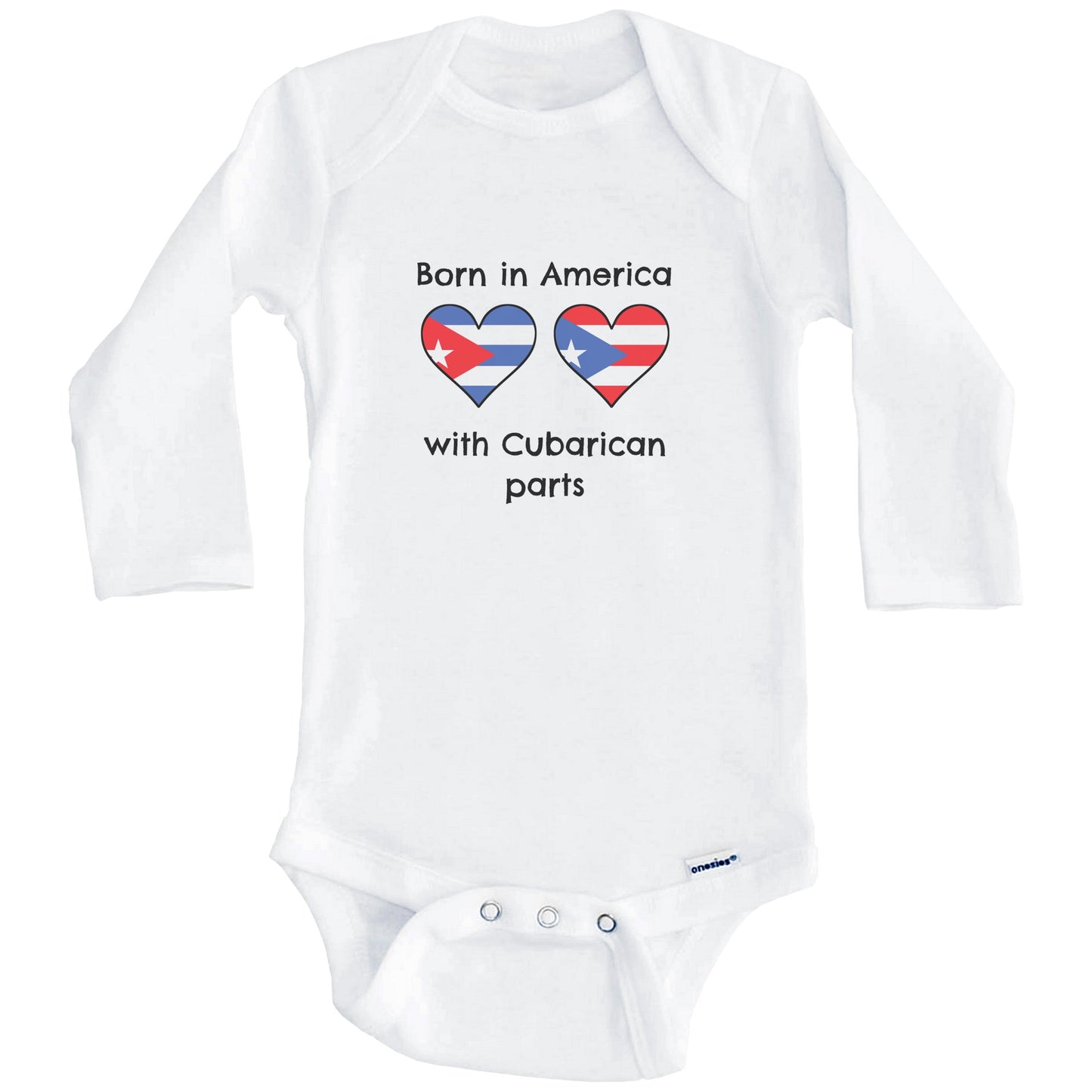 Born In America With Cubarican Parts Funny Cuba Puerto Rico Flags One Piece Baby Bodysuit (Long Sleeves)