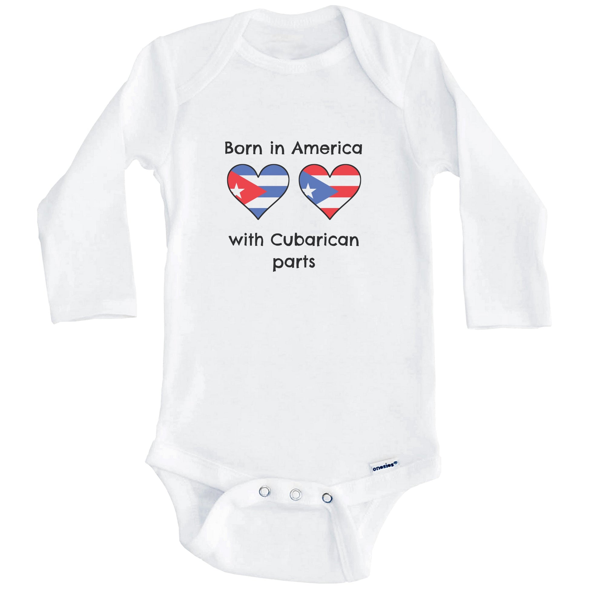 Born In America With Cubarican Parts Funny Cuba Puerto Rico Flags One Piece Baby Bodysuit (Long Sleeves)