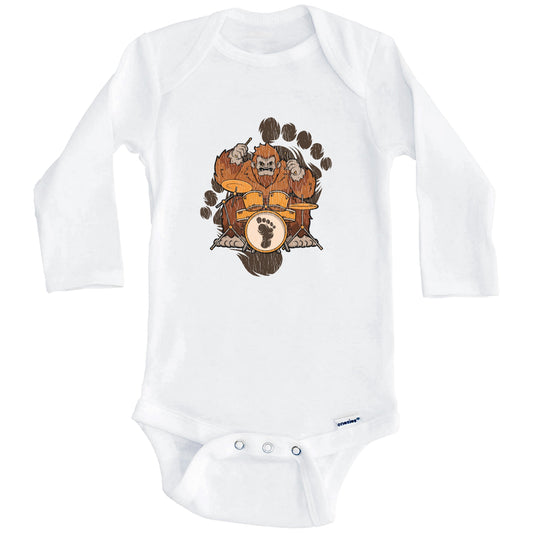 Bigfoot Drummer Baby Bodysuit - Sasquatch Playing Drums One Piece Baby Bodysuit (Long Sleeves)