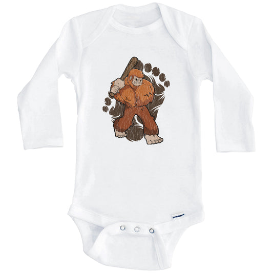Bigfoot Baseball Baby Bodysuit - Sasquatch Baseball Bat One Piece Baby Bodysuit (Long Sleeves)