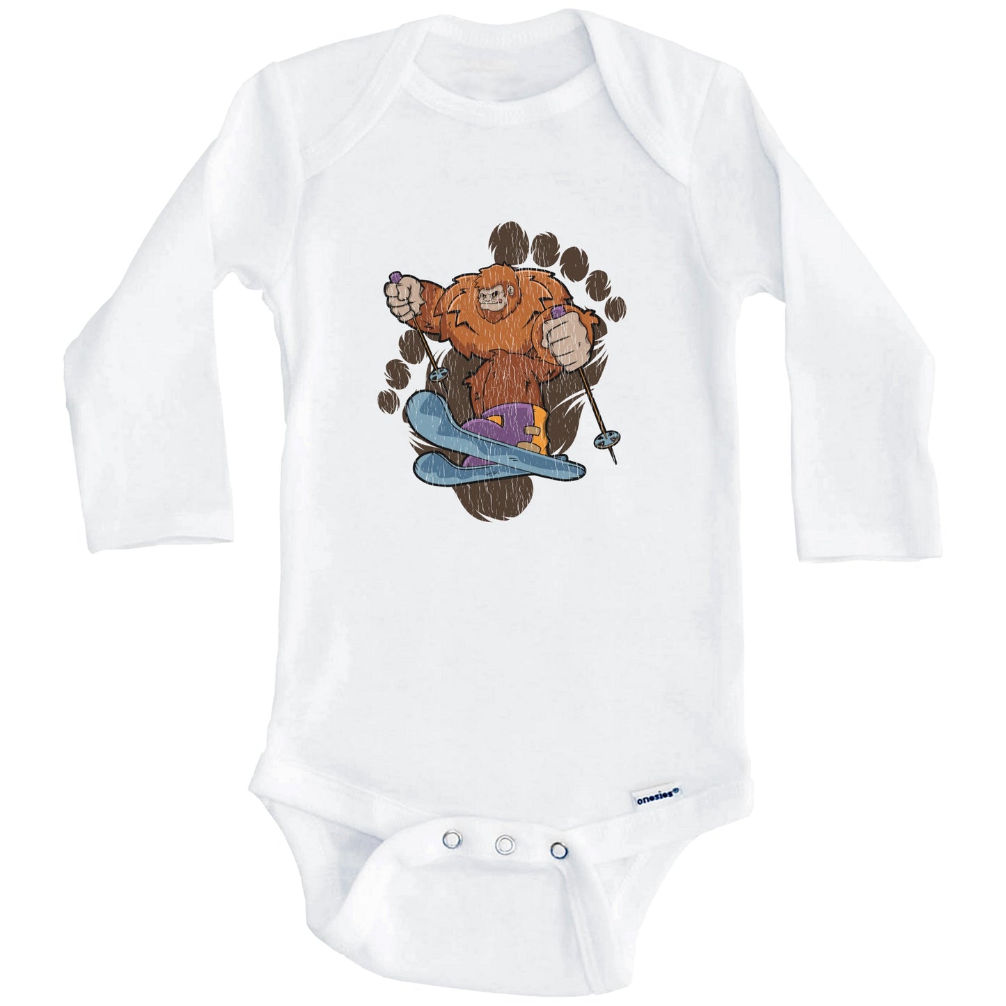 Bigfoot Skiing Baby Bodysuit - Sasquatch on Skis One Piece Baby Bodysuit (Long Sleeves)