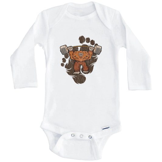 Bigfoot Weightlifting Baby Bodysuit - Sasquatch Lifting Weights One Piece Baby Bodysuit (Long Sleeves)
