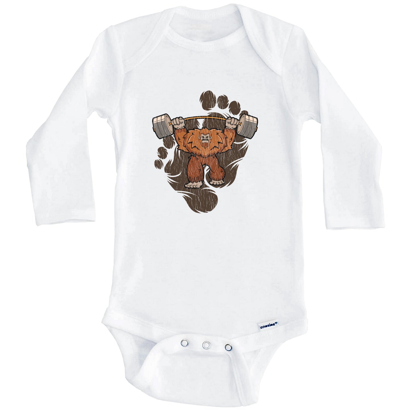Bigfoot Weightlifting Baby Bodysuit - Sasquatch Lifting Weights One Piece Baby Bodysuit (Long Sleeves)