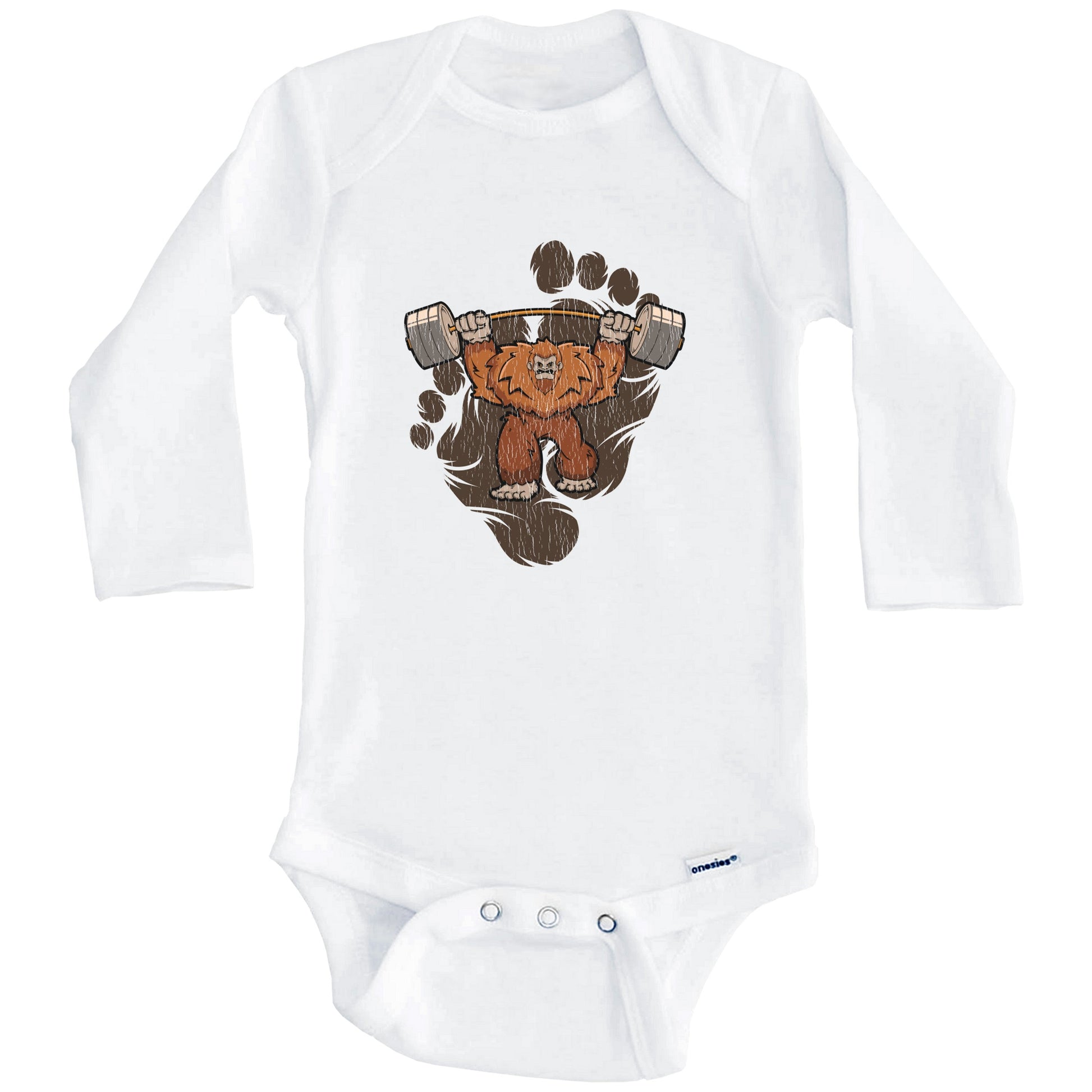 Bigfoot Weightlifting Baby Bodysuit - Sasquatch Lifting Weights One Piece Baby Bodysuit (Long Sleeves)