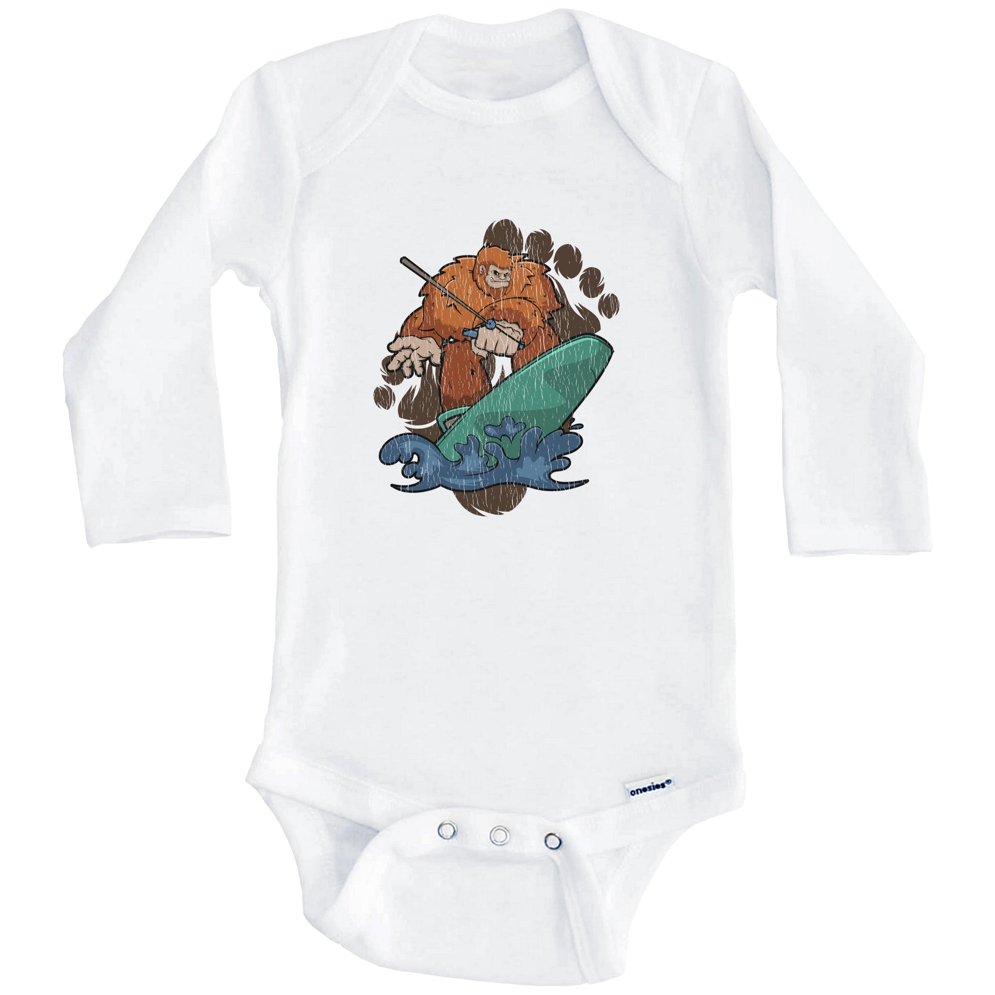 Bigfoot Wakeboarding Baby Bodysuit - Sasquatch on Wakeboard One Piece Baby Bodysuit (Long Sleeves)