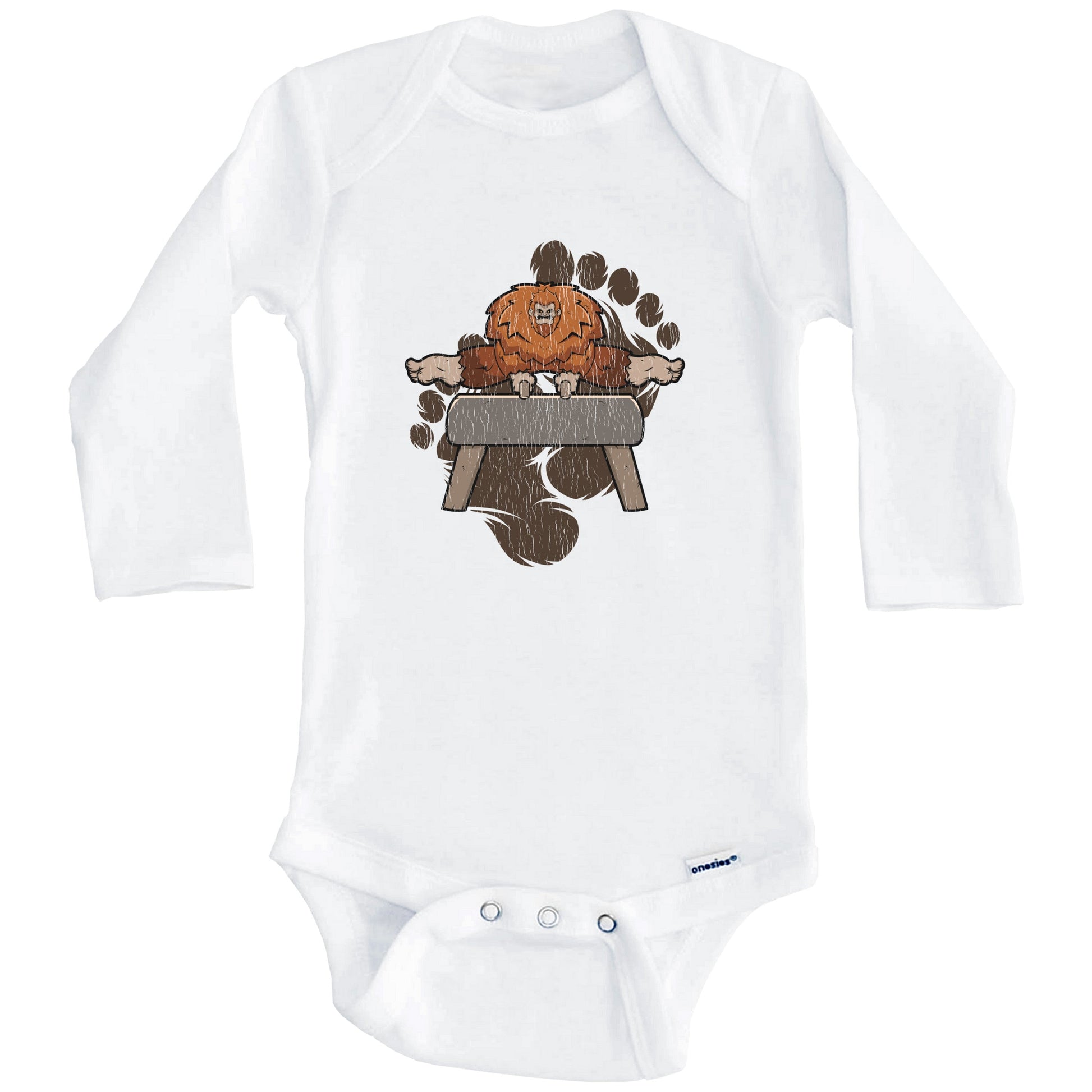 Bigfoot Gymnastics Baby Bodysuit - Sasquatch on Pommel Horse One Piece Baby Bodysuit (Long Sleeves)