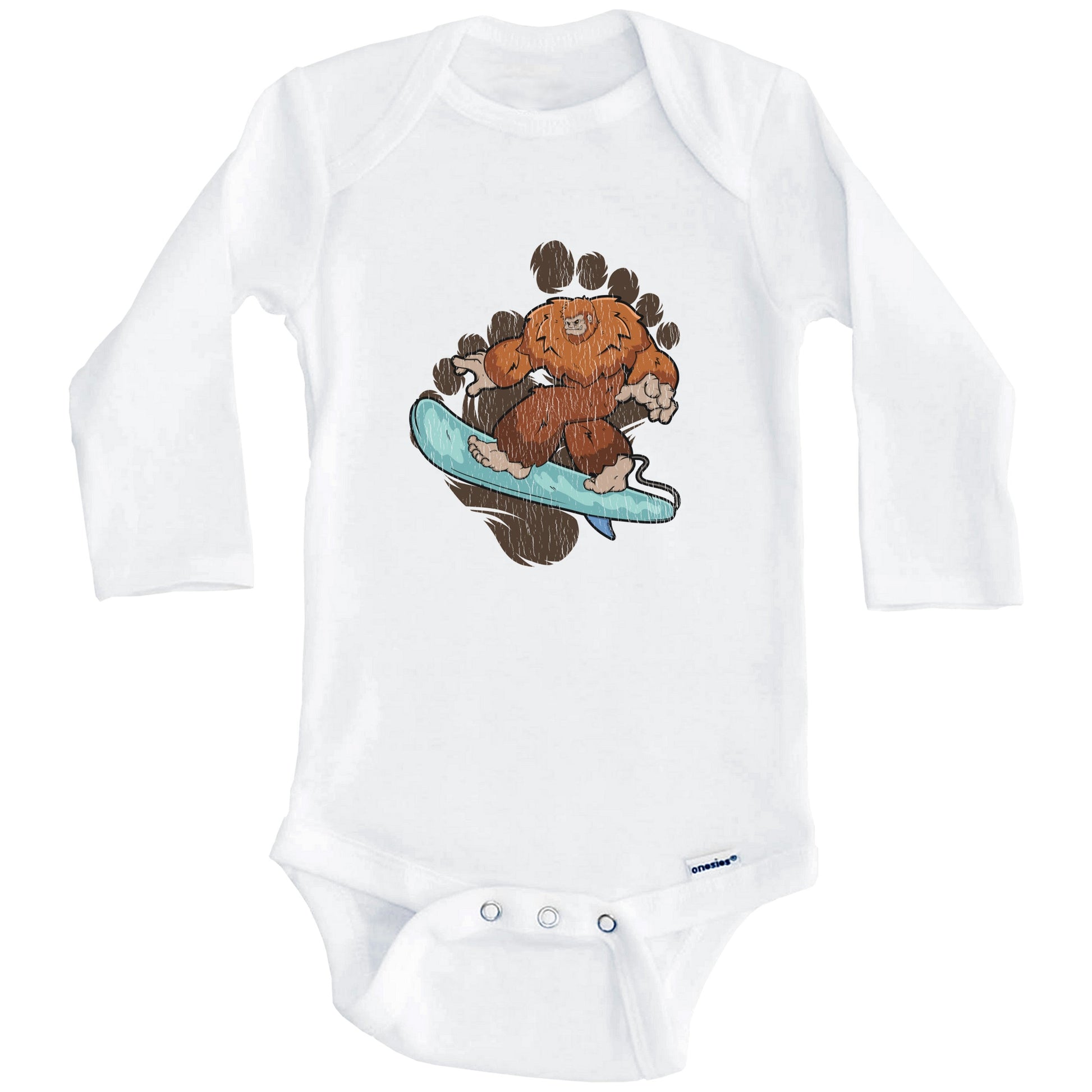 Bigfoot Surfing Baby Bodysuit - Sasquatch on Surf Board One Piece Baby Bodysuit (Long Sleeves)