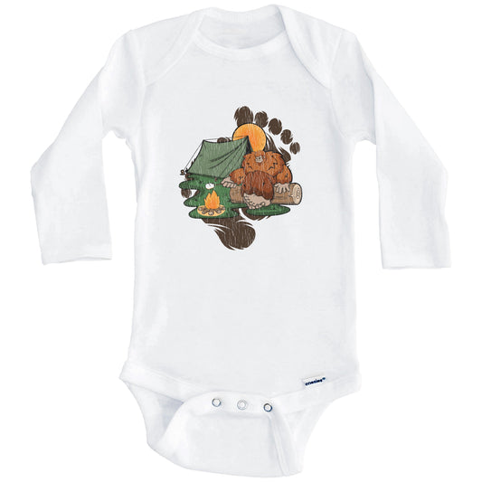 Bigfoot Camping Baby Bodysuit - Sasquatch Roasting Marshmallows One Piece Baby Bodysuit (Long Sleeves)