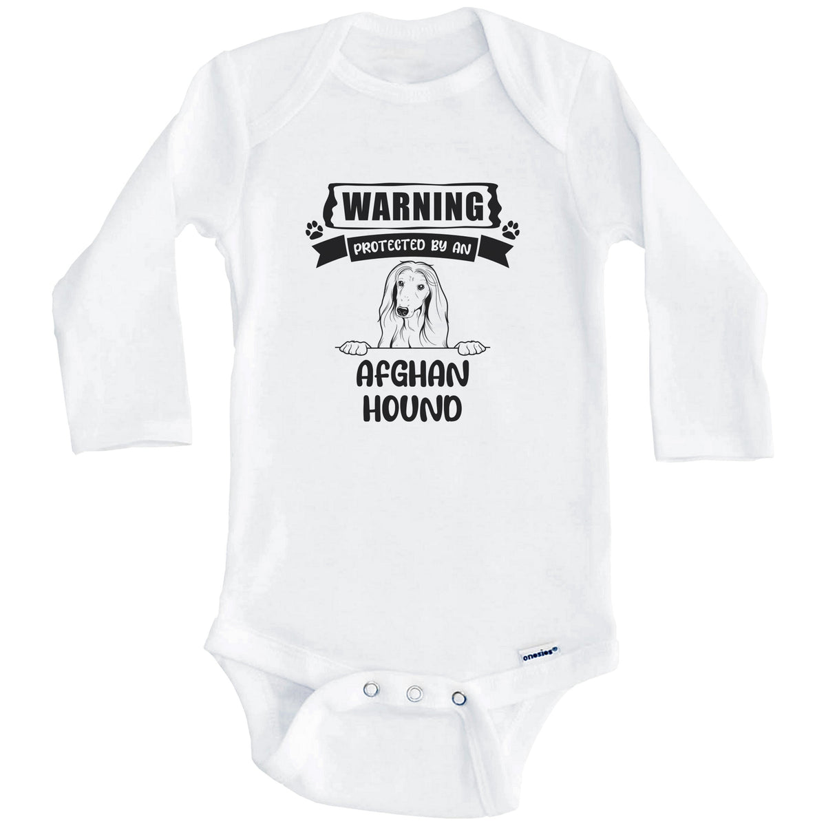 Warning Protected By An Afghan Hound Funny Cute Dog Breed Baby Bodysuit (Long Sleeves)