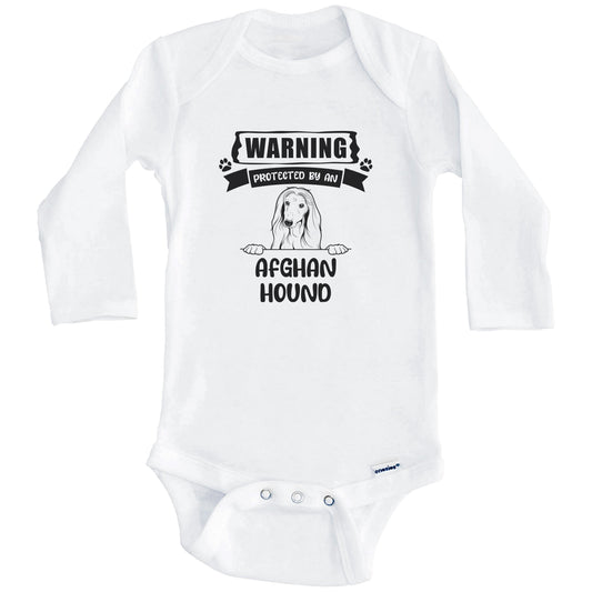Warning Protected By An Afghan Hound Funny Cute Dog Breed Baby Bodysuit (Long Sleeves)
