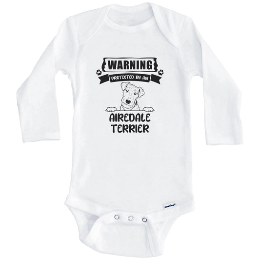 Warning Protected By An Airedale Terrier Funny Cute Dog Breed Baby Bodysuit (Long Sleeves)