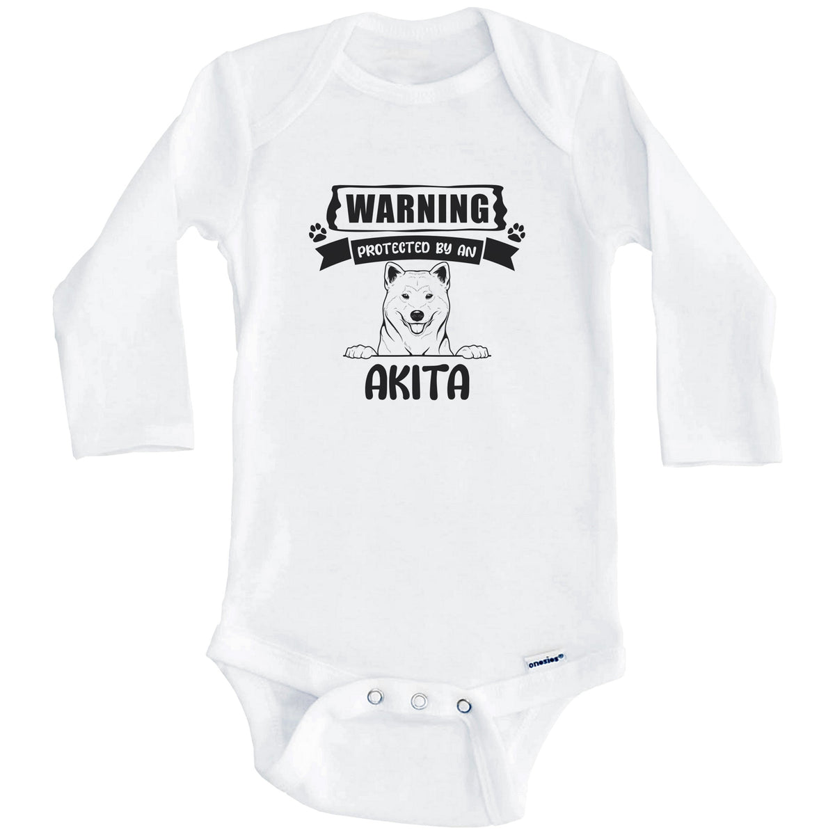 Warning Protected By An Akita Funny Cute Dog Breed Baby Bodysuit (Long Sleeves)