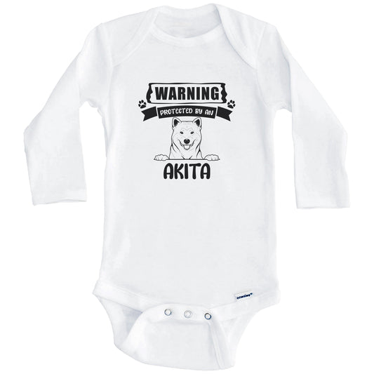 Warning Protected By An Akita Funny Cute Dog Breed Baby Bodysuit (Long Sleeves)