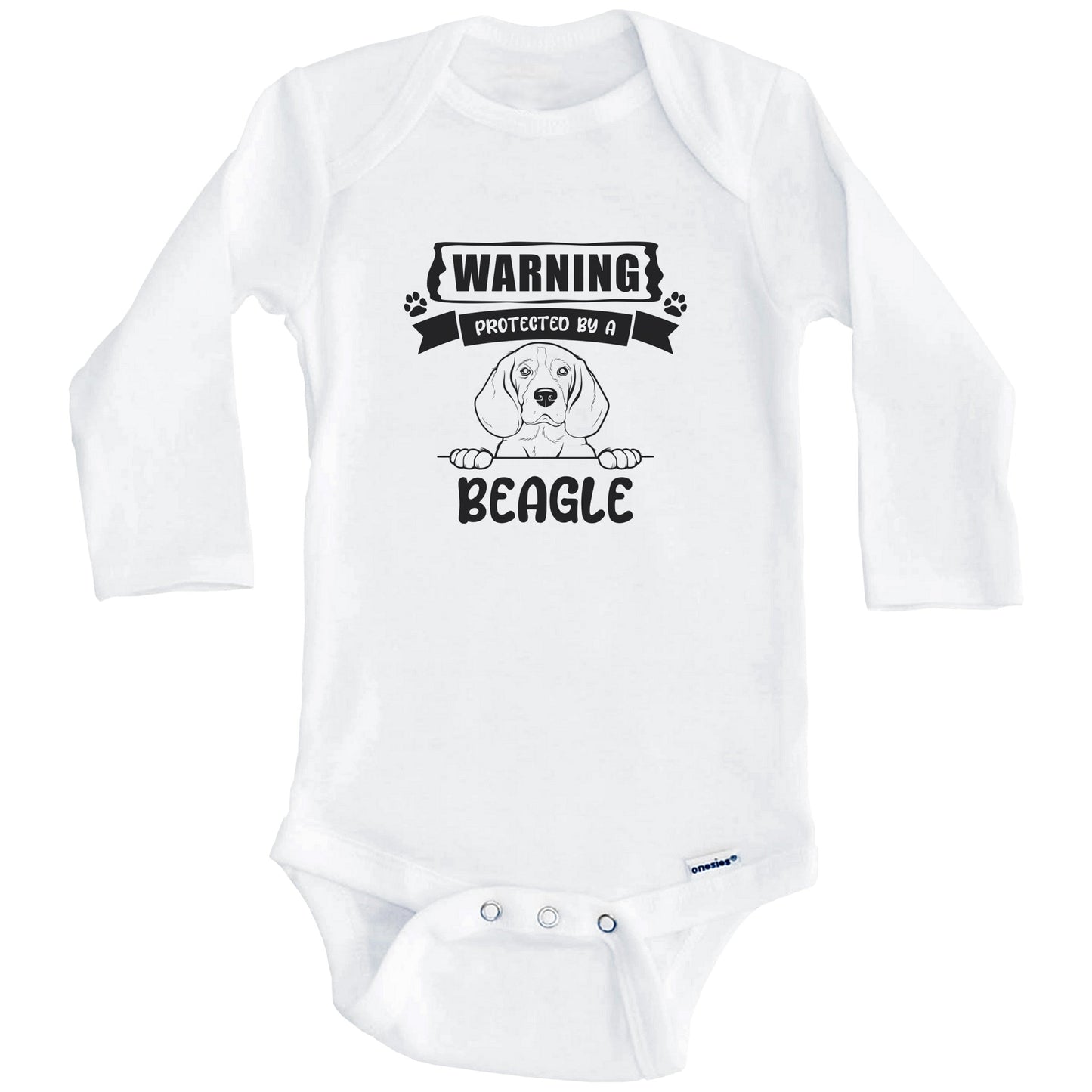 Warning Protected By A Beagle Funny Cute Dog Breed Baby Bodysuit (Long Sleeves)