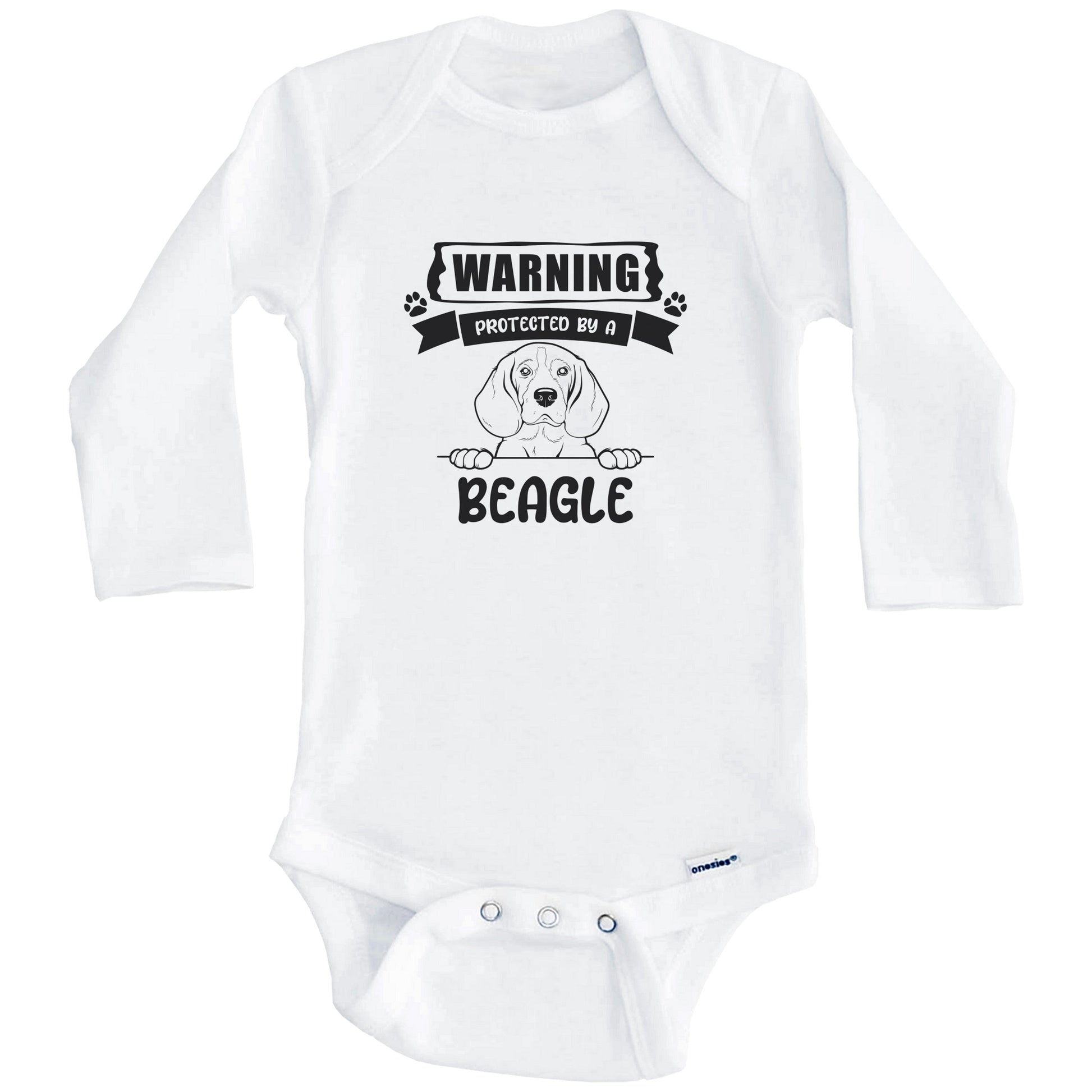 Warning Protected By A Beagle Funny Cute Dog Breed Baby Bodysuit (Long Sleeves)