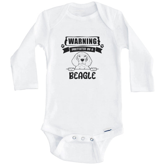 Warning Protected By A Beagle Funny Cute Dog Breed Baby Bodysuit (Long Sleeves)