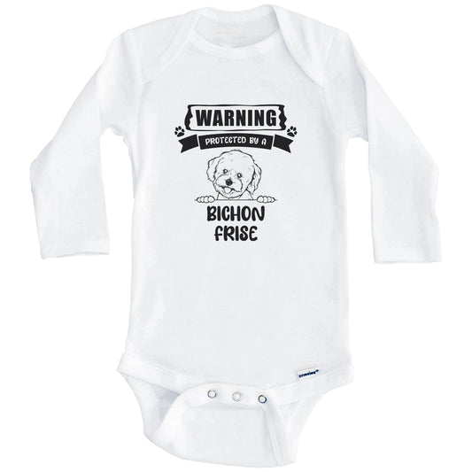 Warning Protected By A Bichon Frise Funny Cute Dog Breed Baby Bodysuit (Long Sleeves)