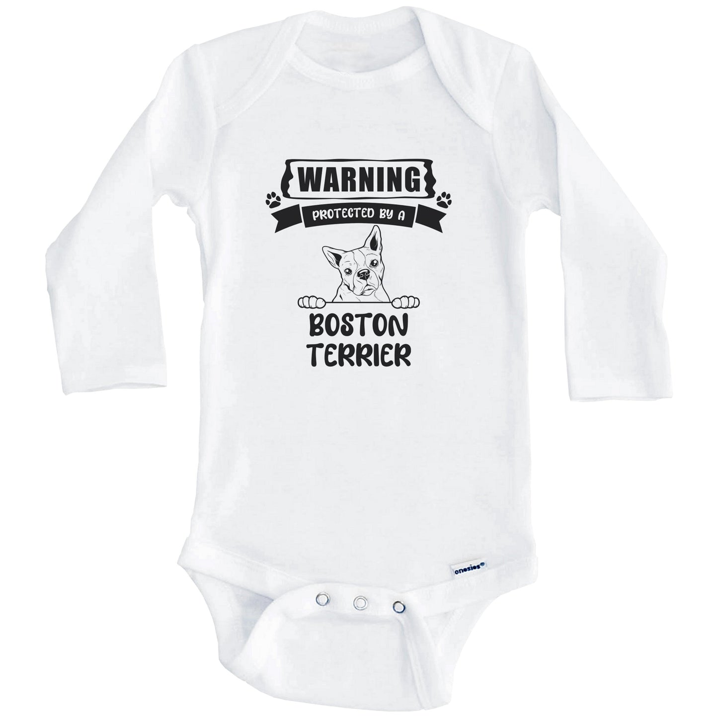 Warning Protected By A Boston Terrier Funny Cute Dog Breed Baby Bodysuit (Long Sleeves)