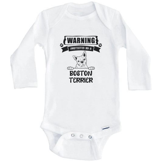 Warning Protected By A Boston Terrier Funny Cute Dog Breed Baby Bodysuit (Long Sleeves)