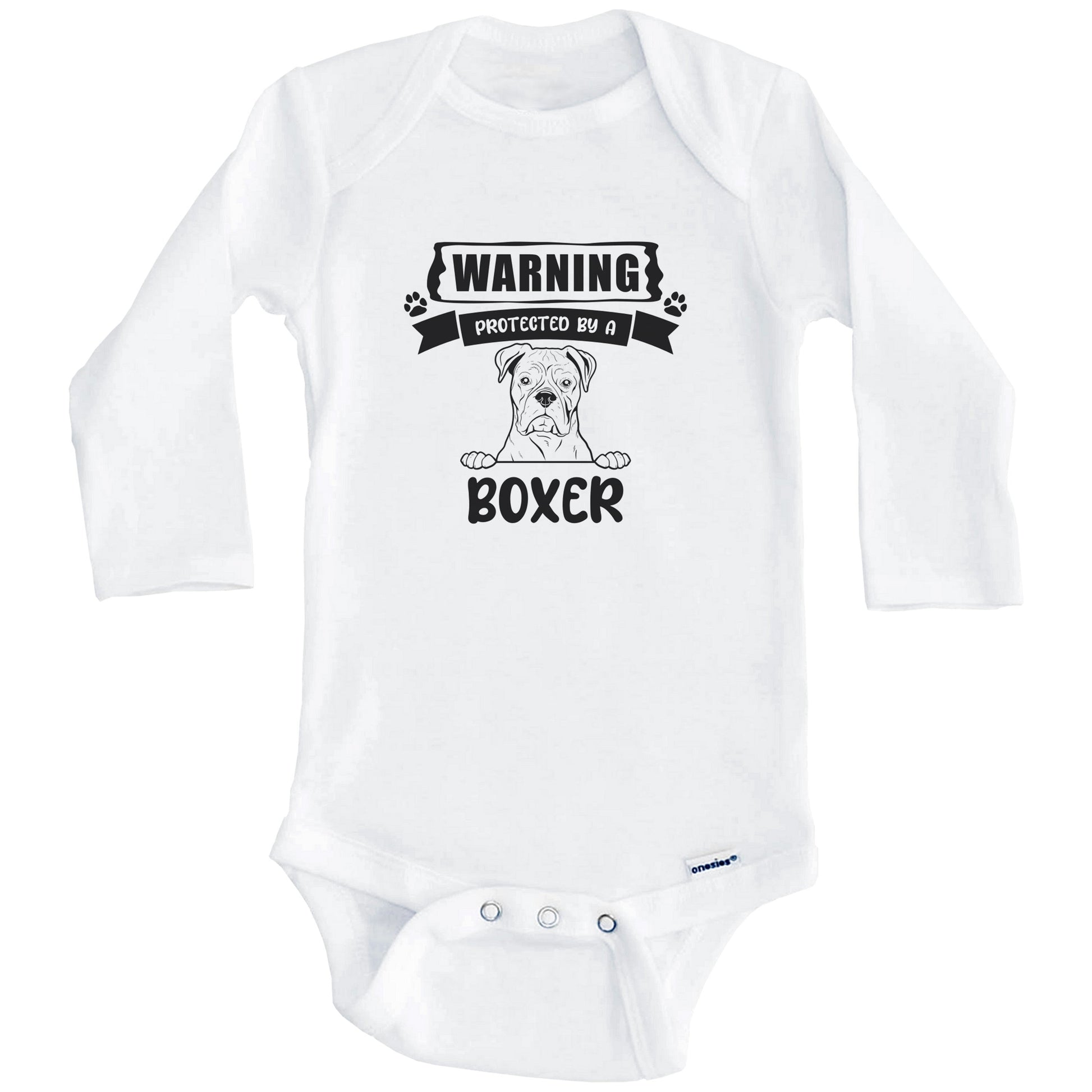 Warning Protected By A Boxer Funny Cute Dog Breed Baby Bodysuit (Long Sleeves)