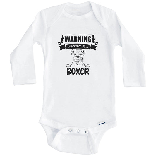 Warning Protected By A Boxer Funny Cute Dog Breed Baby Bodysuit (Long Sleeves)