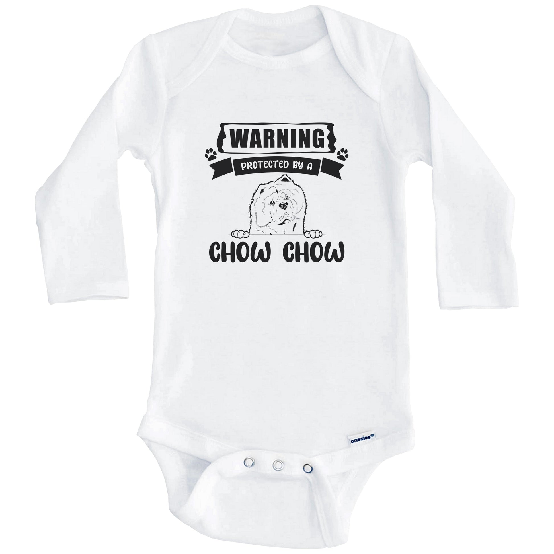 Warning Protected By A Chow Chow Funny Cute Dog Breed Baby Bodysuit (Long Sleeves)