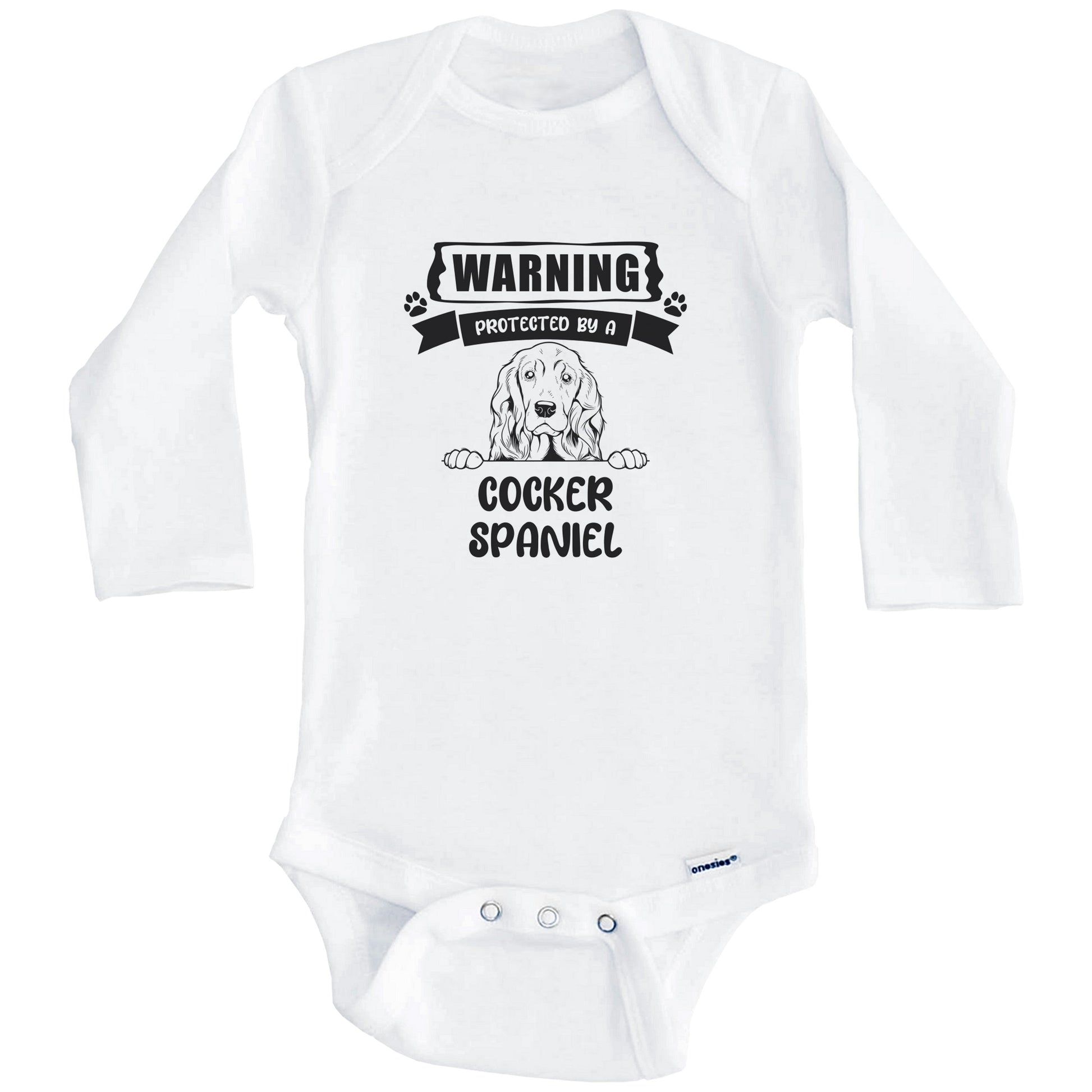 Warning Protected By A Cocker Spaniel Funny Cute Dog Breed Baby Bodysuit (Long Sleeves)