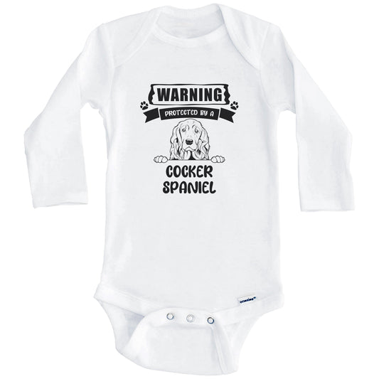 Warning Protected By A Cocker Spaniel Funny Cute Dog Breed Baby Bodysuit (Long Sleeves)